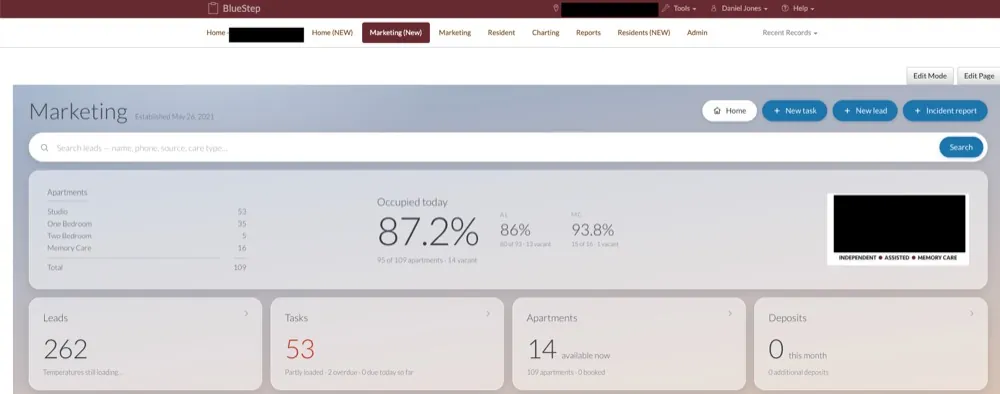 The same module rebuilt: occupancy across the building, then leads, tasks, apartments and deposits, each a figure you can open.