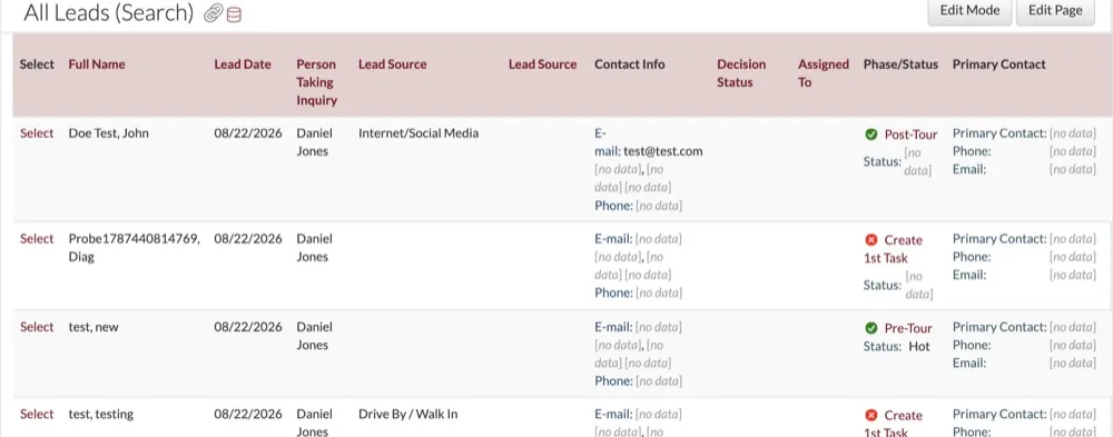 The marketing module as it shipped: one dense table of every lead, column after column of empty fields.