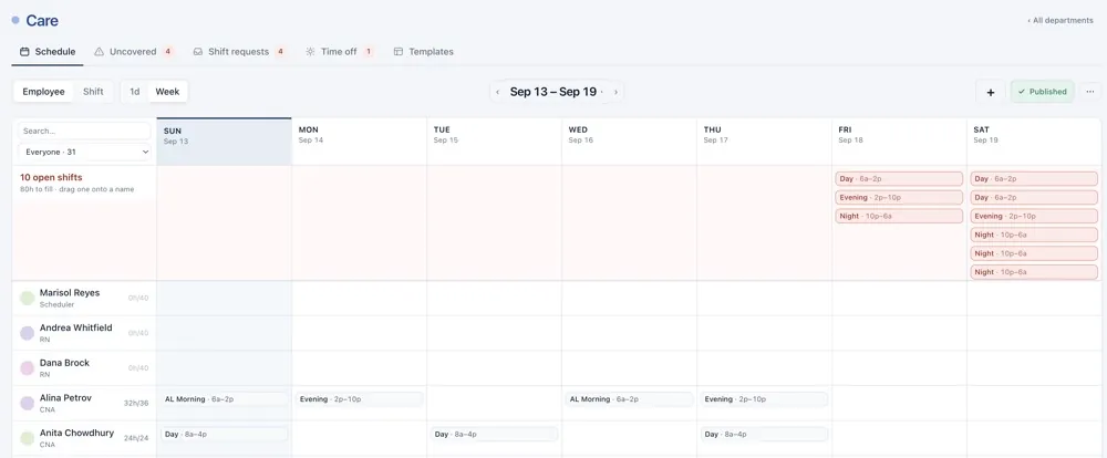 WhensMyShift weekly schedule: staff rows down the side, shifts across the days, and open shifts flagged at the top.
