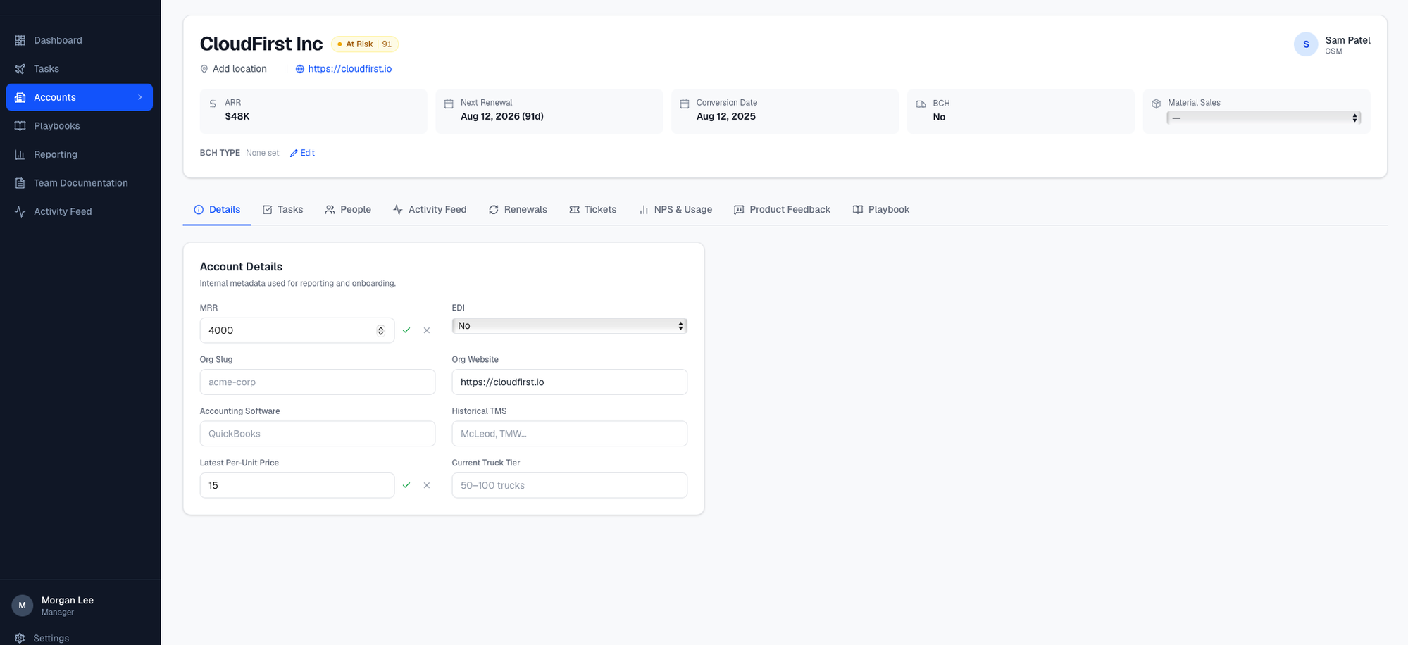 Account detail page for CloudFirst Inc with at-risk health badge, ARR, next renewal date, conversion date, BCH status, material sales, editable BCH type, and tabs for Details, Tasks, People, Activity Feed, Renewals, Tickets, NPS and Usage, Product Feedback, and Playbook. The Details tab shows editable fields for MRR, EDI, org slug, accounting software, historical TMS, latest per-unit price, and current truck tier.